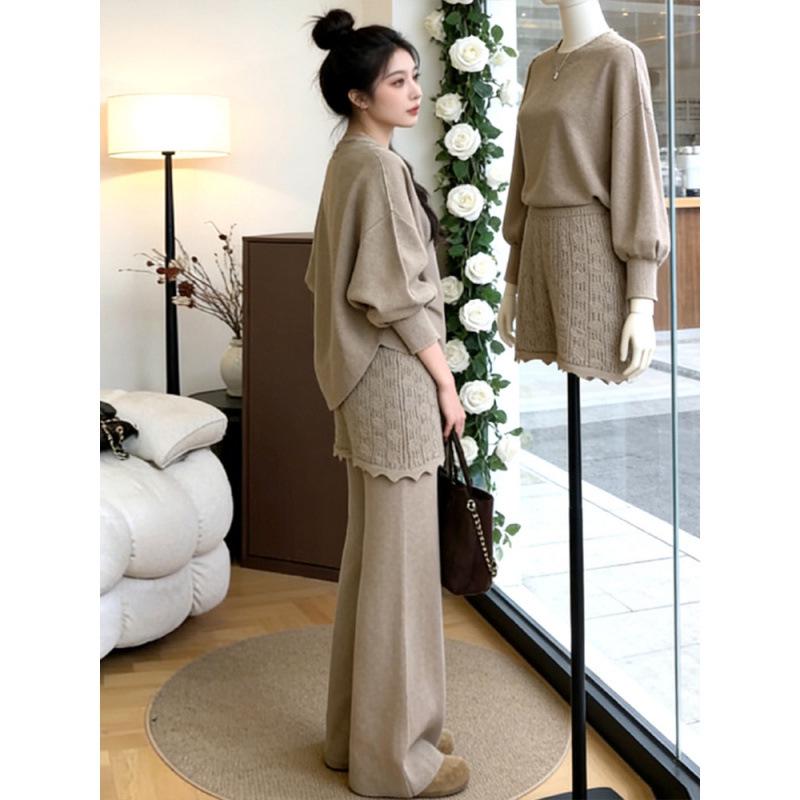 Korean Style Loose Knit Sweater & Lace Patchwork Wide-Leg Pants Set for Women