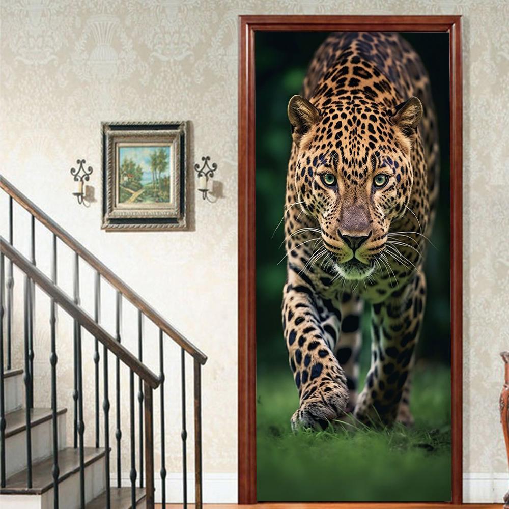 Pegatinas para puerta con diseño de león, realistas, despegables y pegables, para niños, decoración estética para sala de estar.