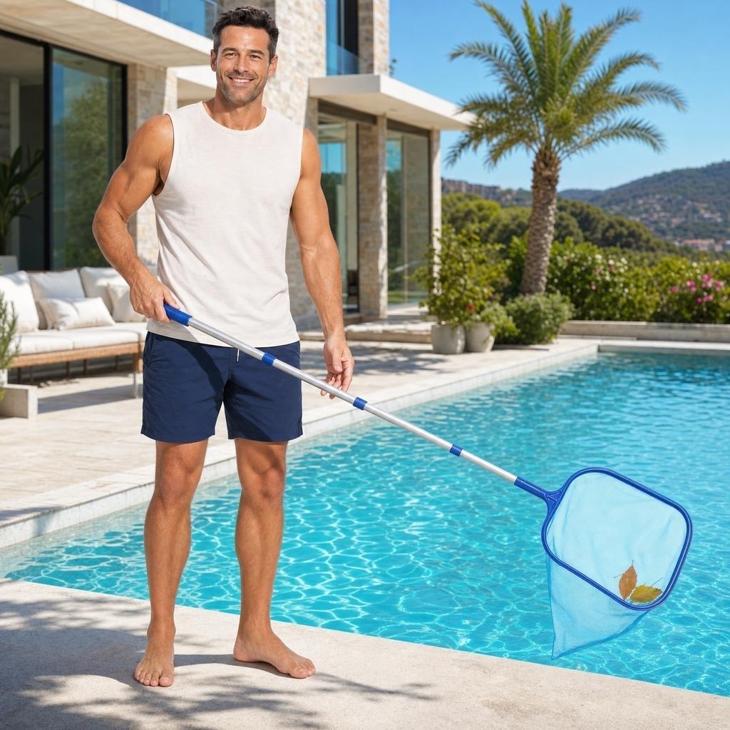 Adjustable Aluminum Pole Pool Skimmer Net Set with Fine Mesh Leaf Net and Brush for Shallow Water Pools and Baby Swimming Pools