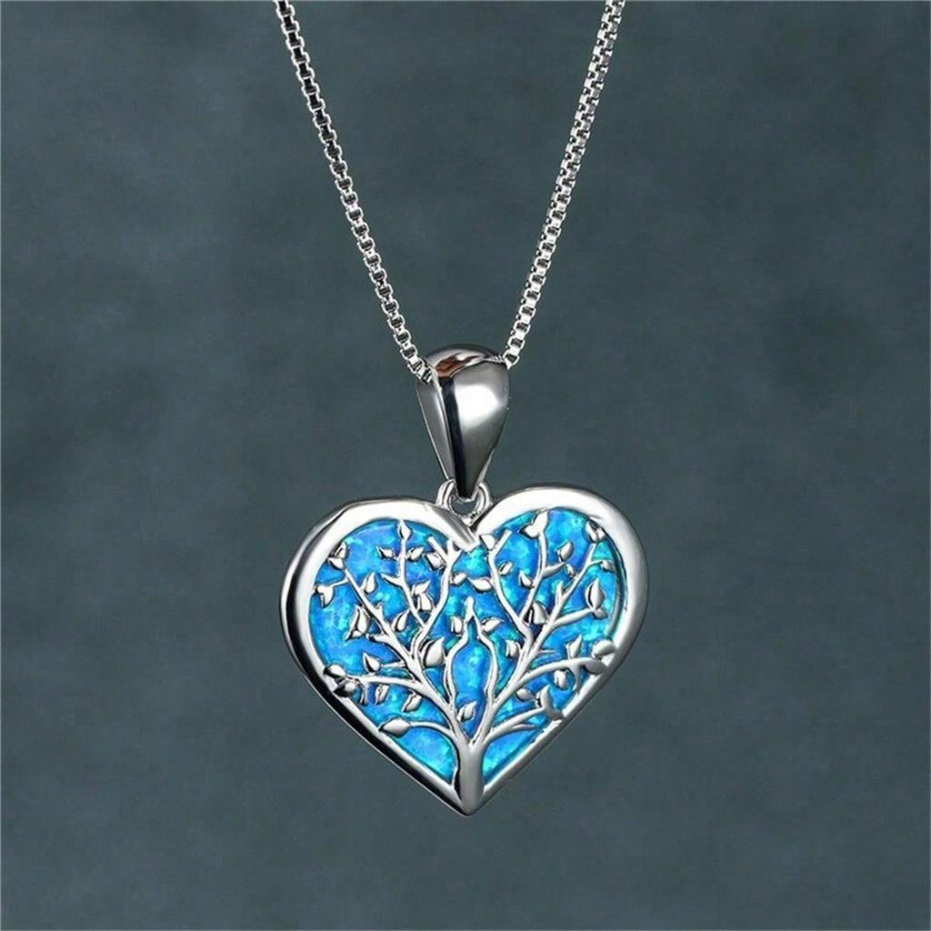 Fashion Love Heart Tree of Life Pendant Necklace For Women Inlay Blue Imitation Opal Necklace Wedding Jewelry Birthday Gifts