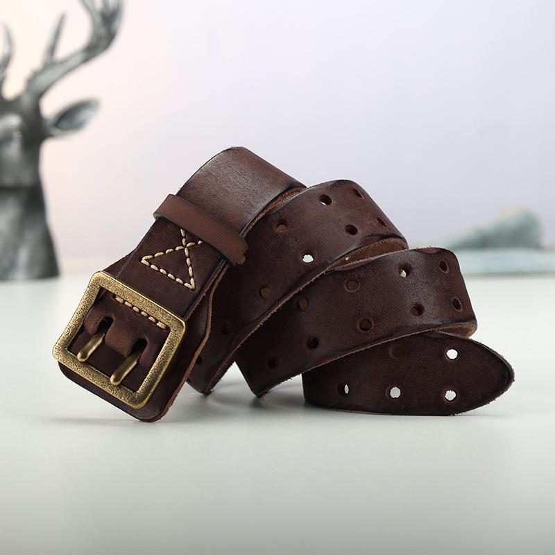 

Мужской первый слой ретро ремень персонализированный ремень двойная игла антиаллергичная медная пряжка без пробивания отверстий уличный тактический ремень 130cm темно-коричневого