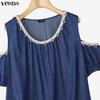 VONDA Summer Women Casual O-neck Cold Shoulder Lace Beading Short Sleeve Blouse