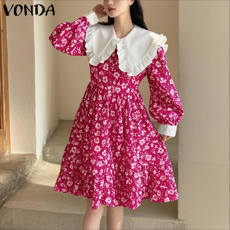 VONDA Rochie Elegantă Casual pentru Femei cu Guler Păpușă, Imprimeu Floral Patchwork, Mânecă Lungă