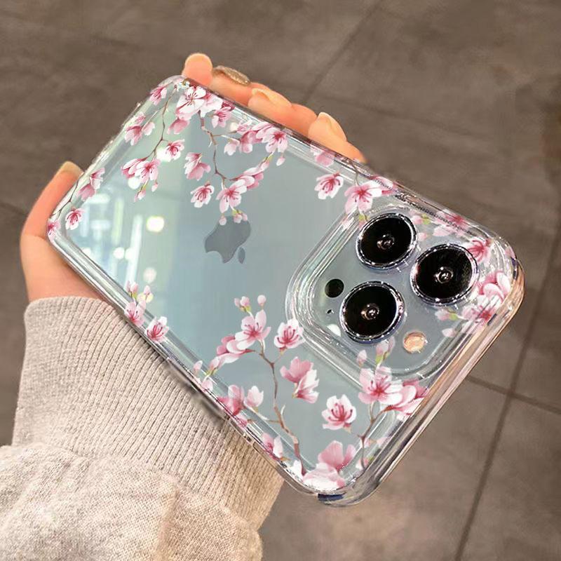Pink Flower Design Transparent Phone Case For iPhone 17 16 15 14 13 12 11 Pro Air Max XS X XR 7 8 Plus Shockproof Soft TPU Cover