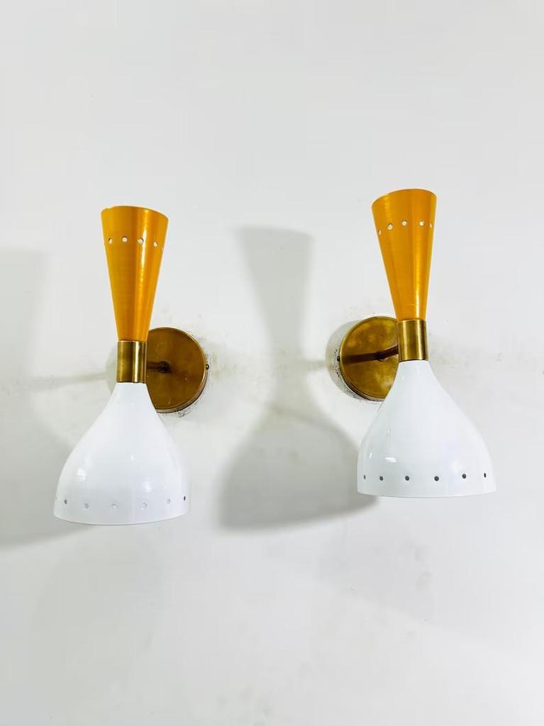 Mid Century Italian Brass Diabolo Wall Sconce Pair - Mustard & White