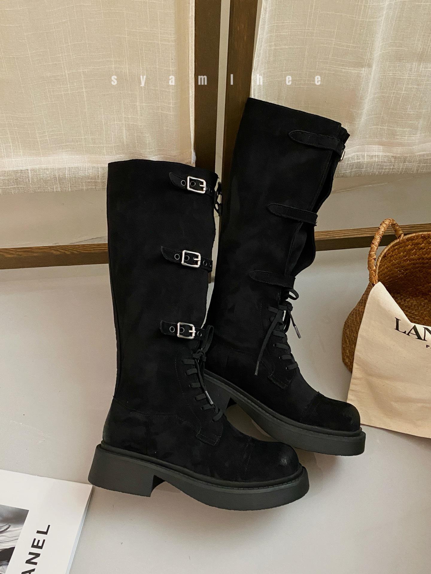 

2025 осень ретро замшевые ботинки европейские и американские модные ботинки рыцарские ботинки с пряжкой ботинки женские ботинки мартинсы 39 чёрный