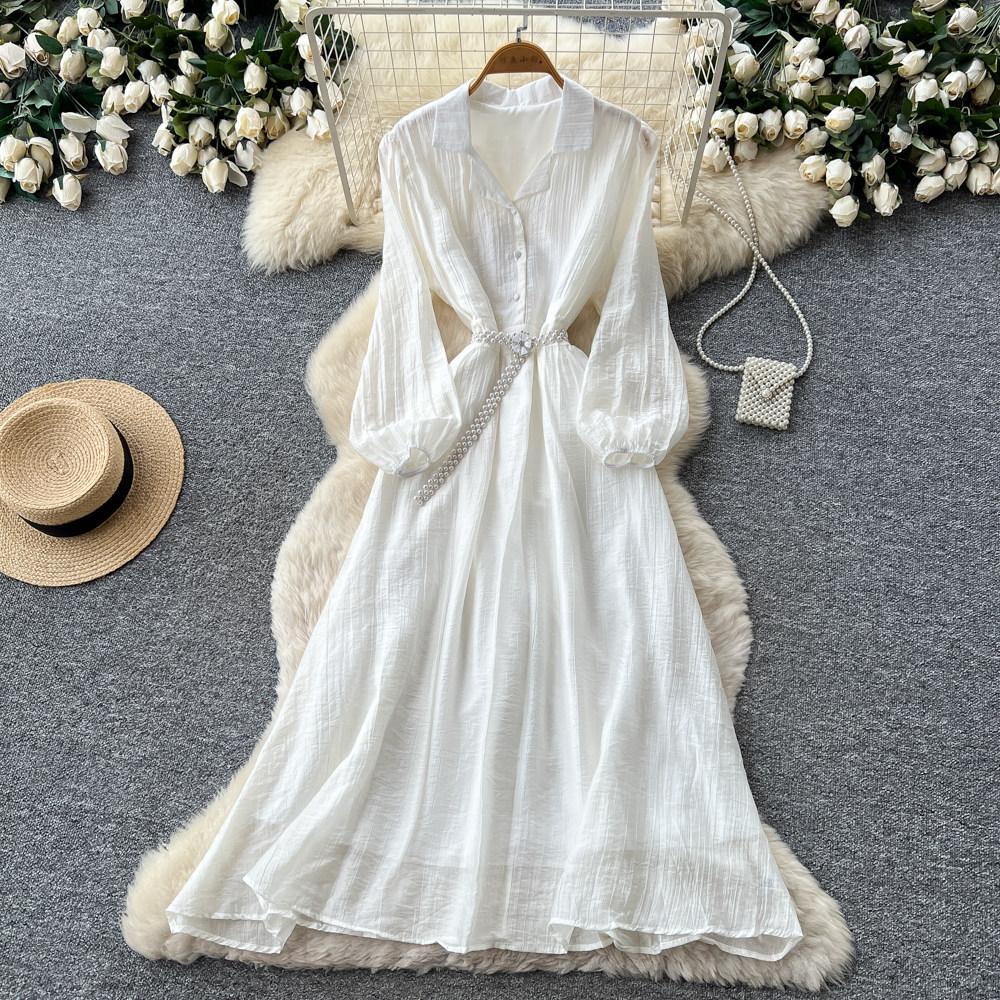 Commuter Blue Pleated Long-sleeved Dress for Women's Summer Waist and Thin Temperament Elegant A-word Temperament Long Dress