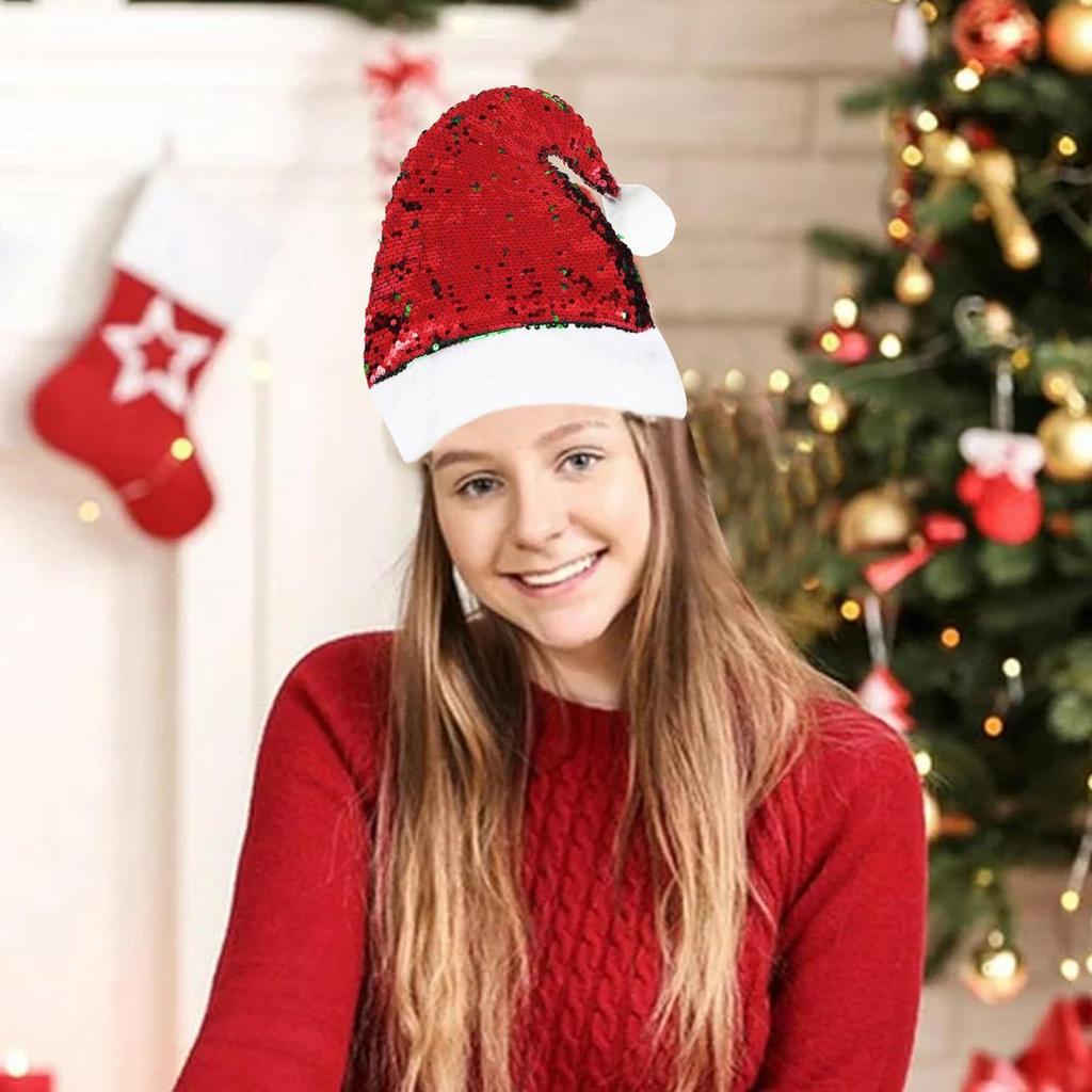 Red Green Flip Sequin Fancy Merry Christmas Hat | Santa Claus Cap for Kids Babies Adults | Free Size XMAS Cap Santa Claus Hat