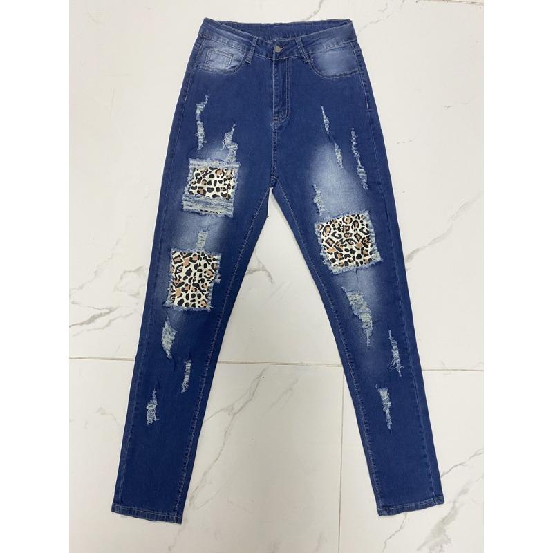 Ripped Pant Women's Jeans Personalized Leopard Patches Printed High Waisted Trousers