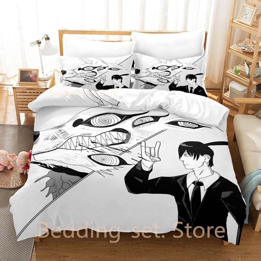 Fox Dveil Kon Chainsaw Man Bedding Set Single Twin Full Queen King Size Bed Set Adult Kid Bedroom Duvetcover Sets Anime Bed