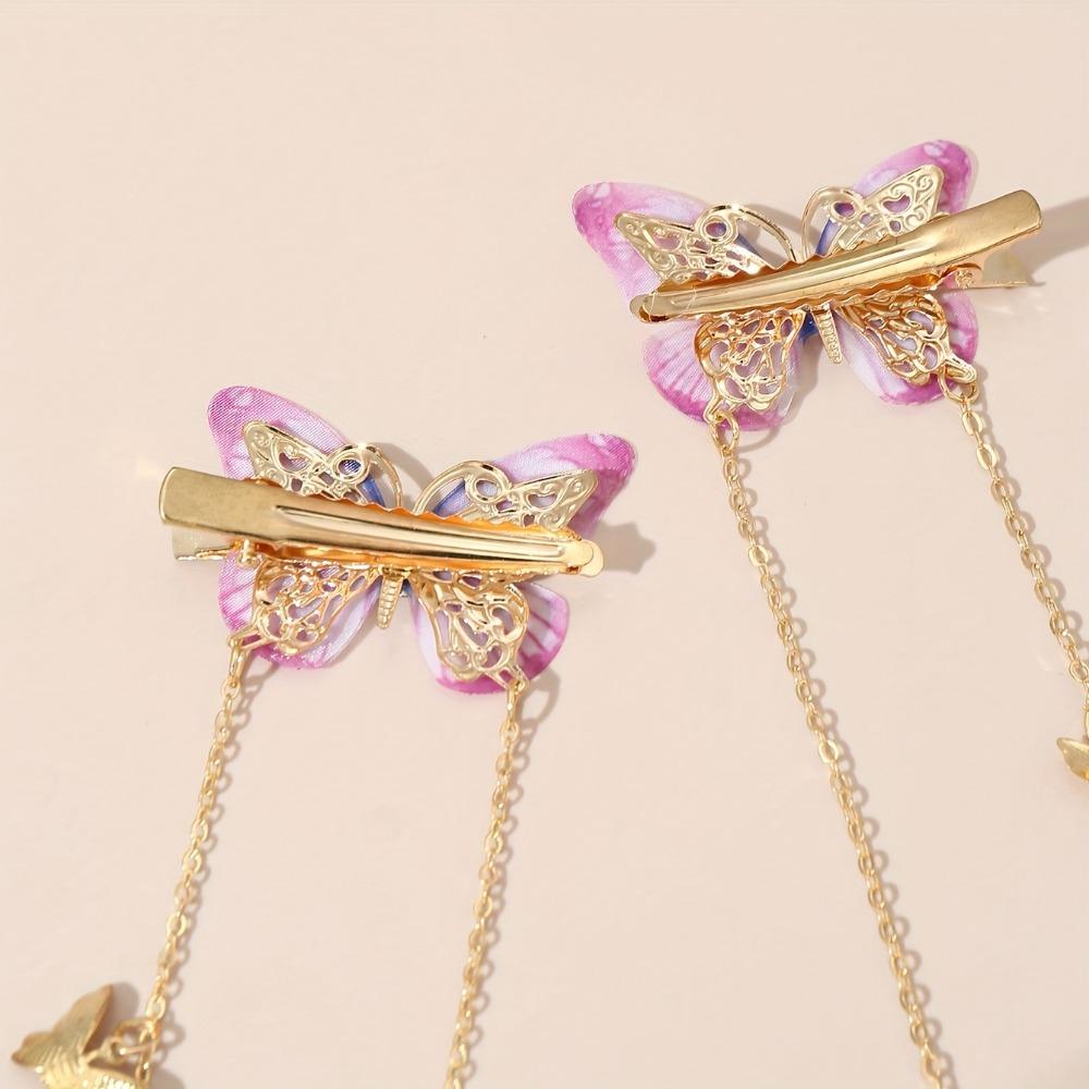 1Pair of Girls Retro Antique Gauze Butterfly Long Chain Grab Clip Hairpin Leisure Daily Travel Hairpin Headdress