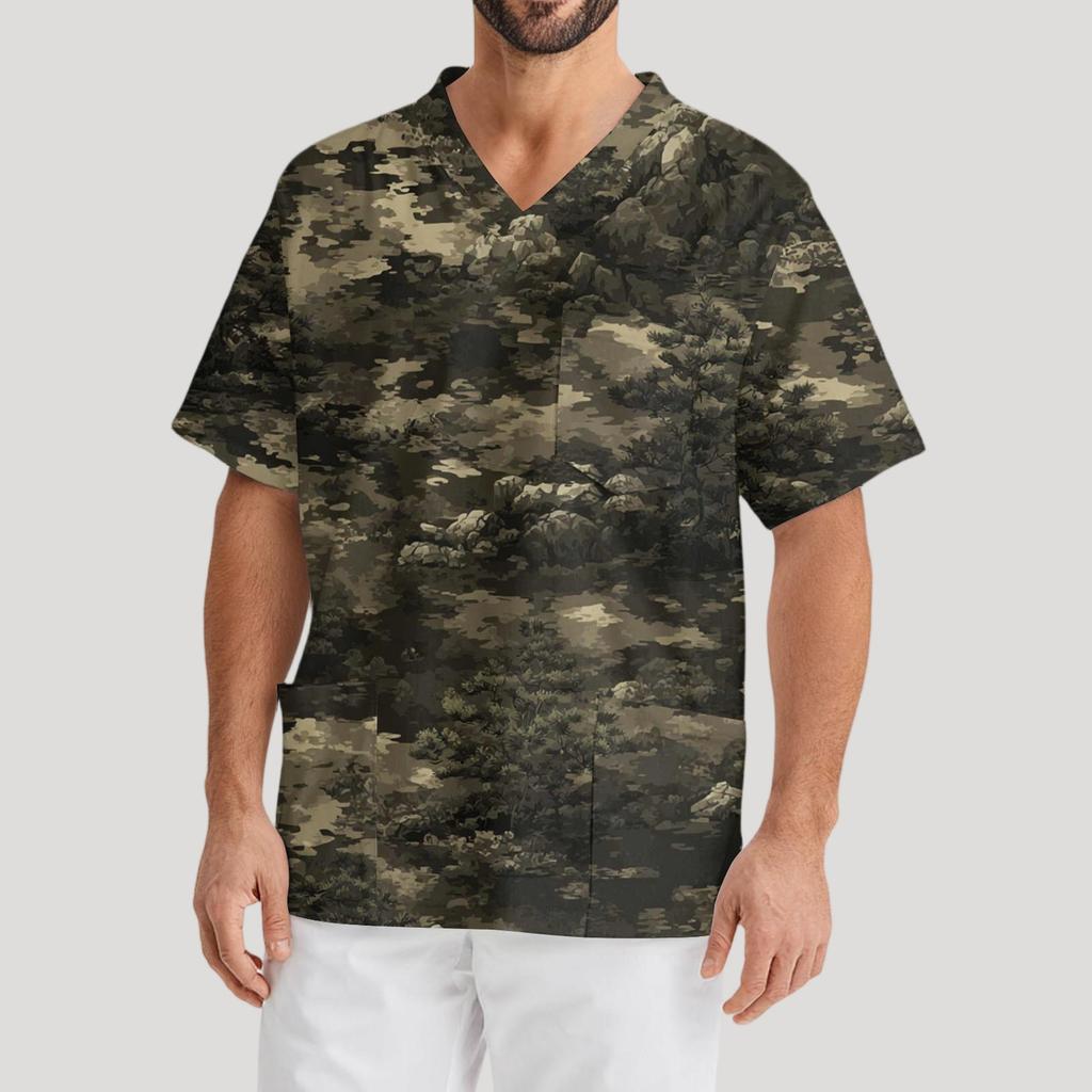 Men's Printing Short Sleeve V-neck Working Blouse Chest Pocket Carer Top