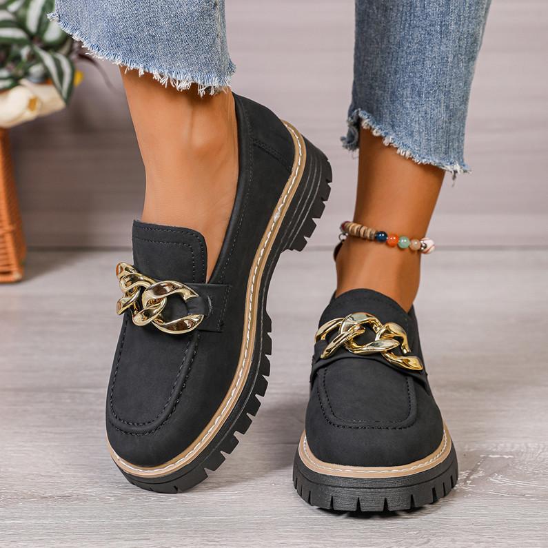 European and American Style Large Size Round Head Thick Sole Metal Chain Low-top Single Shoes Women's Thick Heel Thick Sole Foot Cover Lazy Loafers
