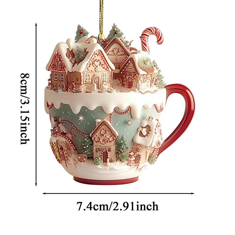 Acrylic Coffee Cup Ornament 2D Art Keychain Pendant Christmas Snow House Pendant Decoration Christmas Tree Pendant Decoration