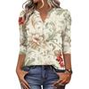 Women's Fashionable Casual Retro Floral V-Neck Decorative Button Three-Quarter Sleeve T-Shirt Top