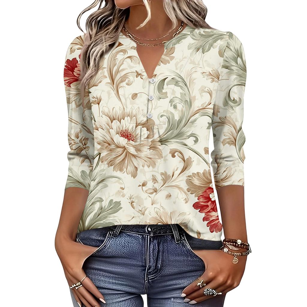 Women's Fashionable Casual Retro Floral V-Neck Decorative Button Three-Quarter Sleeve T-Shirt Top