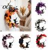 Artificial Floral Wreath for Fall Halloween Black Cat Half Moon Wreath, Roses Berries Crescent Grapevine Plant Mantel Spooky Gothic Hanging Decoration