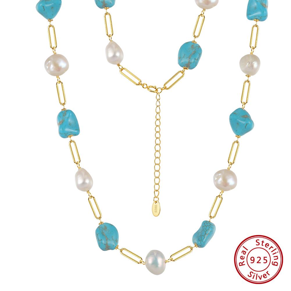 Effie Queen Vintage Natural Turquoise Bracelet With Baroque Pearl 925 Sterling Silver Turquoise Stone Chain Bracelet Party MPB16