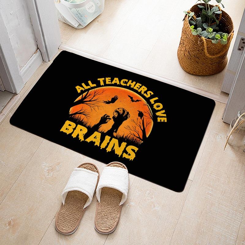 Halloween Theme Door Mat With Pumpkin Black Cat Ghost Bat Witch Hat Castle Patterns Fun Cartoon Decorative Entryway Rug