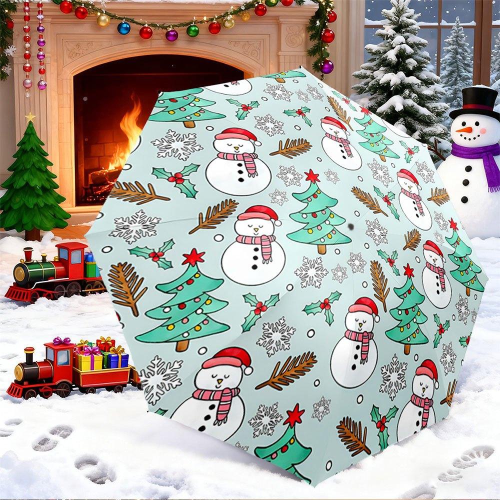 

Open/Close Portable Folding Umbrella with Winter Snowman, Evergreen Tree & Snowflake Design - Compact Travel Umbrella Suitable (as the picture,Iron&8K)