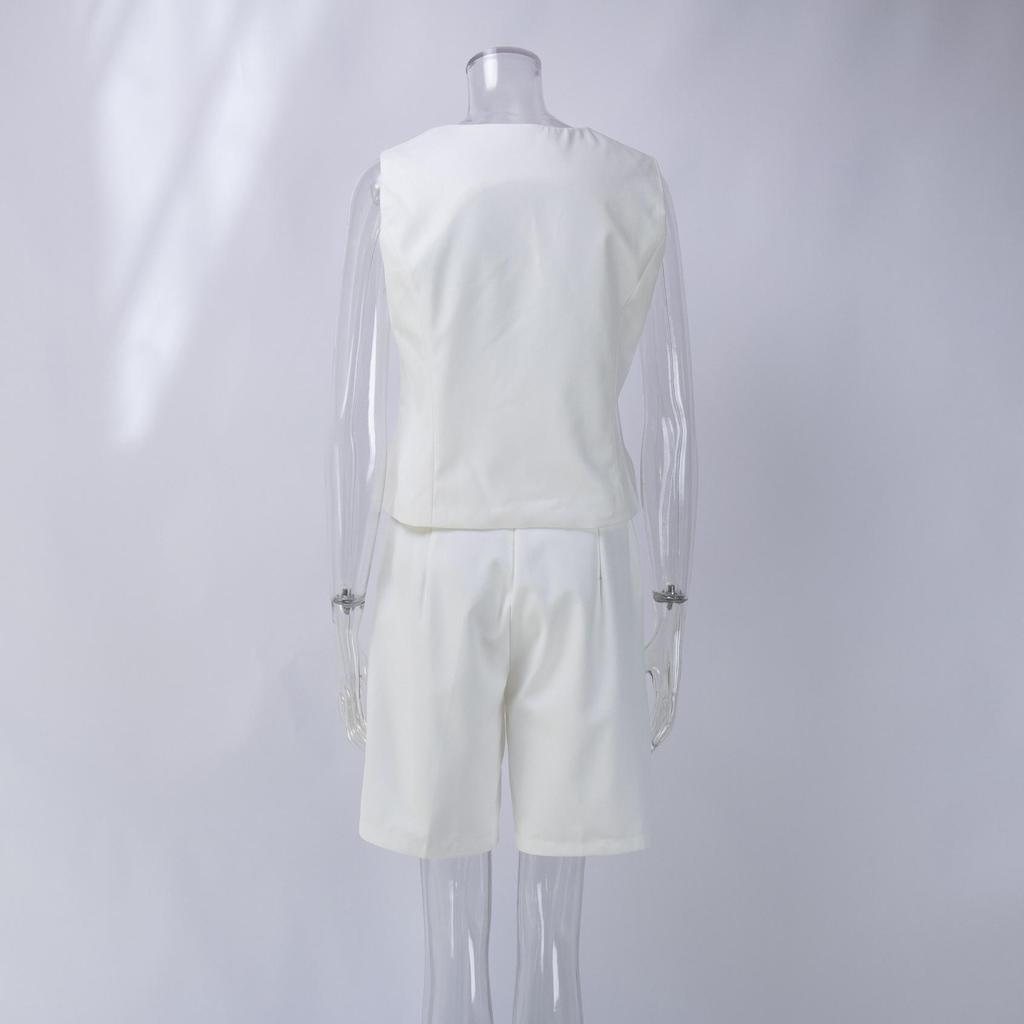 Conjunto Feminino de Duas Peças: Colete, Camisa Sem Mangas, Shorts de Cintura Alta com Cordão, Tamanho Grande, Conjuntos de Moda
