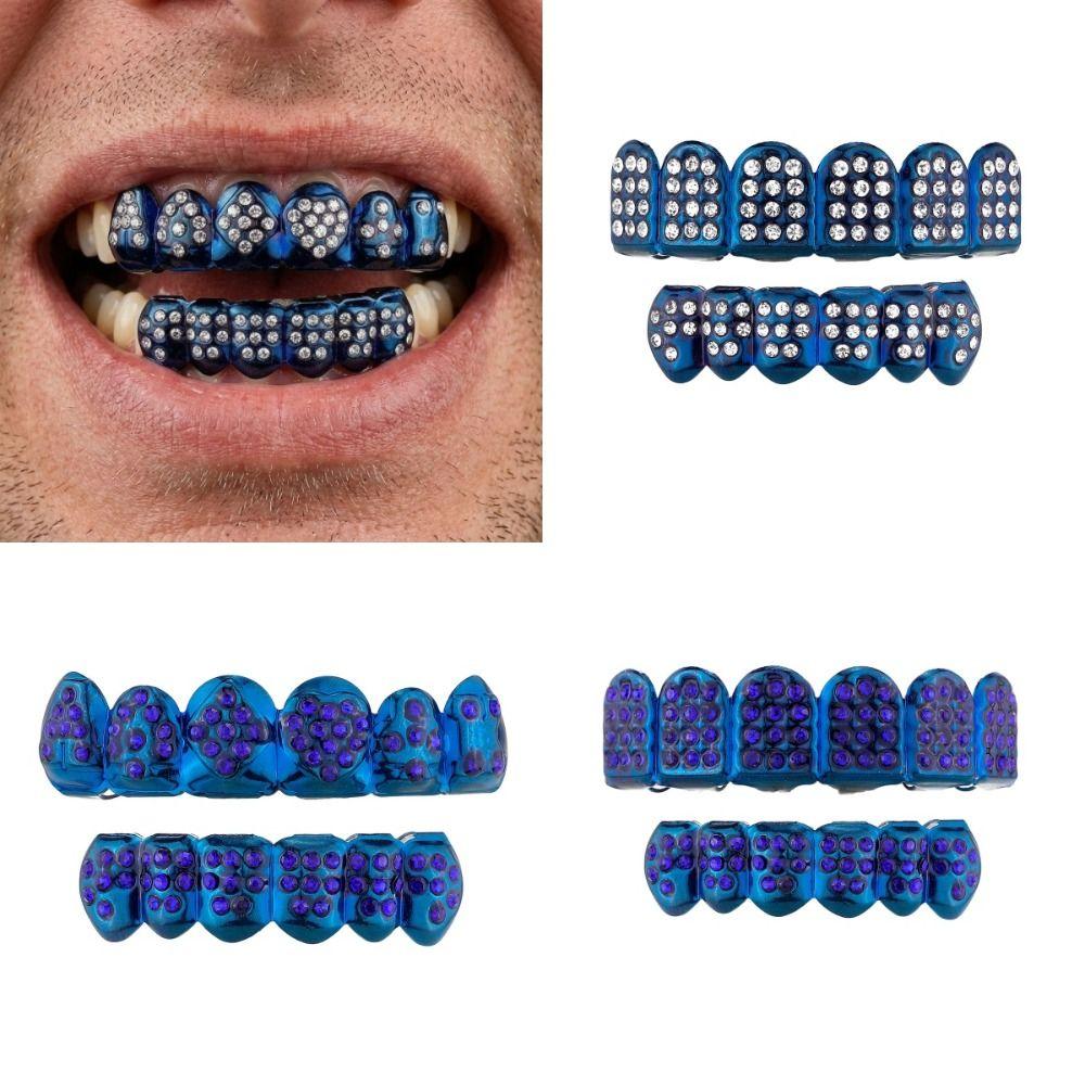 Glossy Finish Teeth Grillz Top Bottom Set Eco-friendly Copper Shiny Teeth Grillz Caps Rhinestone Blue Teeth Jewelry Rapper