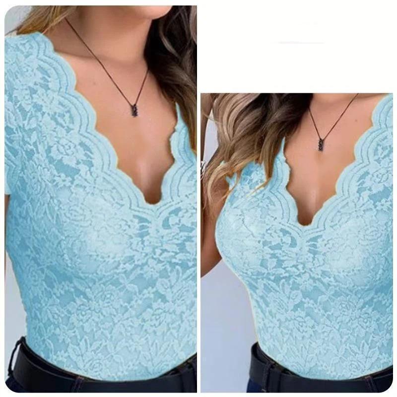 Summer New Women's Lace V-neck Small Flying Sleeves Slim T-shirt See-through Top