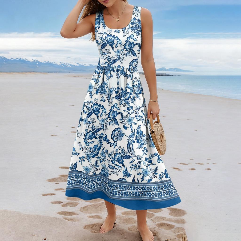 Ladies' floral summer casual and fashionable sleeveless long dress