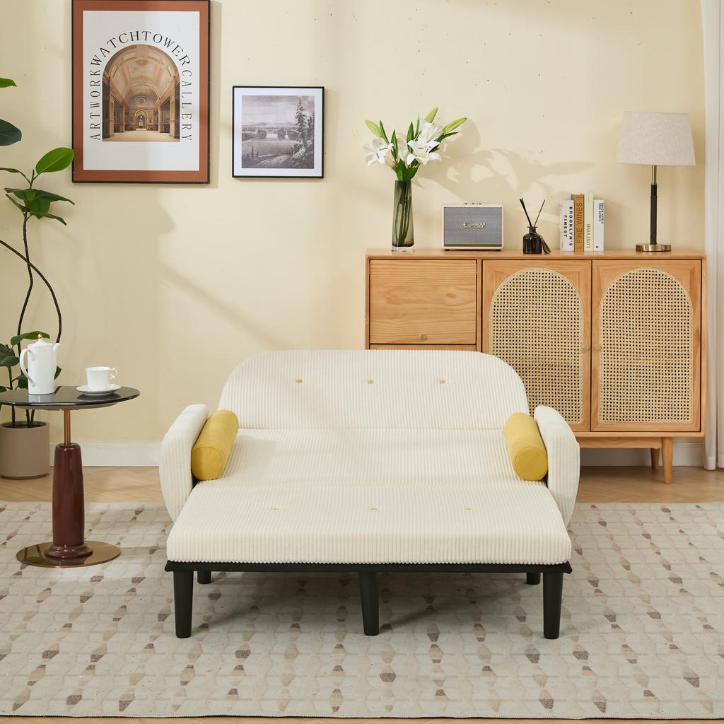 Ivory-Colored Corduroy Loveseat Sofa for the Living Room, as Daybed and Recliner with Storage Space.
