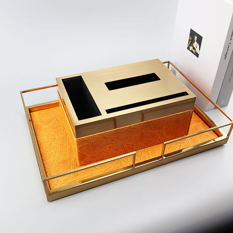 European Modern Leather Metal Storage & Organizer Tray for Entryway, Coffee Table, or Hotel Use