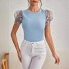 Women Solid Flower Pattern Crew Neck Mesh Petal Puff Short Sleeve Fitted Casual T Shirt