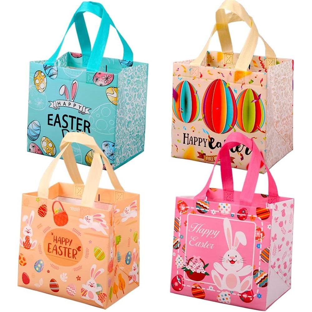 Easter Handle Tote Bags – Reusable Non-Woven Gift Bags For Bunny Egg Hunt Party Favors – 4/6/12 Pack Options (8.26x7.87x5.9")
