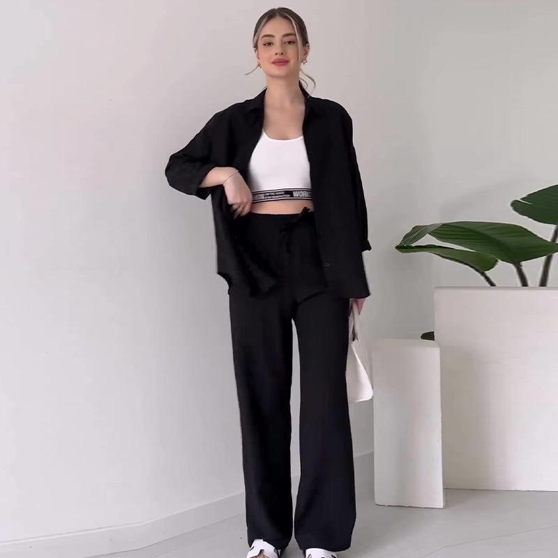 2024 Autumn European & American Women's Solid Color Casual Top and Drawstring Pants Set