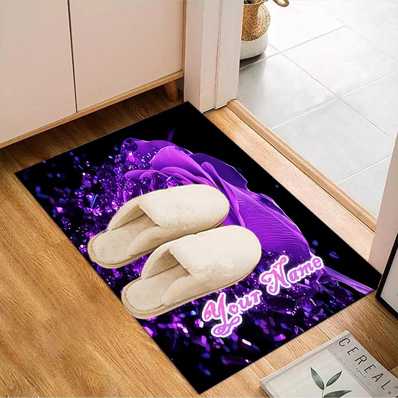 1PC Custom Name Purple Rose Glow Theme Floor Mat Ideal for Living Room, Game Rooms, Office, Bedroom,Floor Mat Playful Design