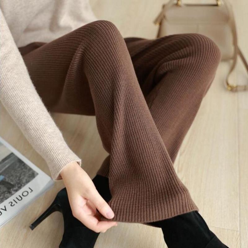 

Белые вязаные однотонные широкие брюки с напуском для женщин на осень, высокие тонкие и драпированные повседневные брюки с длинными рукавами, женские топы