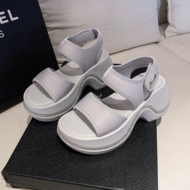 

2025 summer new platform muffin high heel open toe sandals thin fashion trendy Velcro beach sandals women 40 серый
