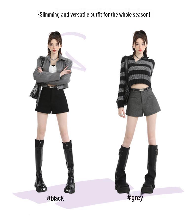 Women's High-End Wool Blend Bootcut Shorts - Slim-Fit A-Line, Petite, Hip-Enhancing, Autumn/Winter Wide-Leg Pants