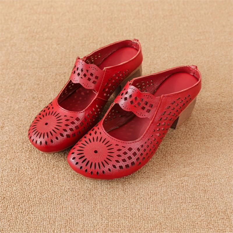 Johnature Mid Heel Slippers Ethnic Style Genuine Leather Hollow Out Breathable Women's Shoes
