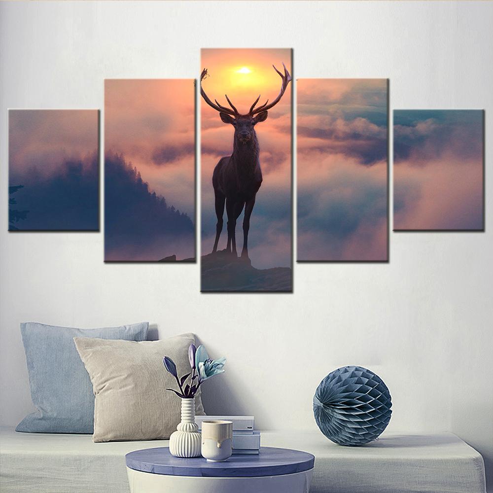 Teenager Modern Reindeer Mountain Fog Scenery Wall Art Canvas Set - Modular Room Decorative Pictures Landscape Mountain Painting