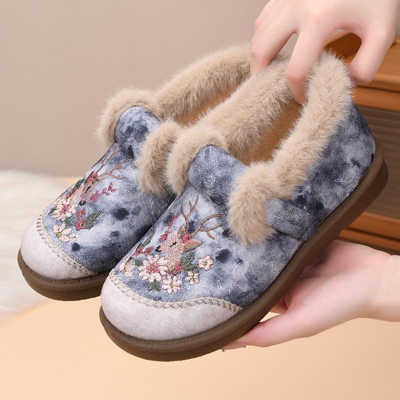 Cotton Shoes Women Winter Casual Peplum Cotton Boots Fashion Embroidered Snow Boots Padded Thickened Moms Shoes Outdoor Hiking Cold Winter Shoes