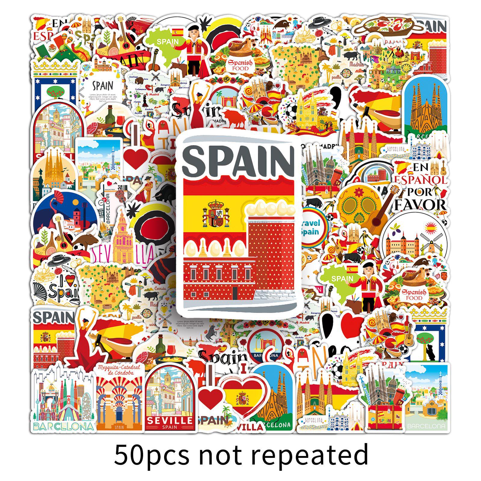 

50-Pack Waterproof Spain Outdoor Scenery Cartoon Stickers for Water Bottles, Diaries, and Planners