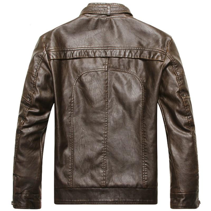 Mens Faux Leather Biker Jacket With Stand Collar Fleece Lined Washed Vintage Style Slim Fit Winter Casual Wear