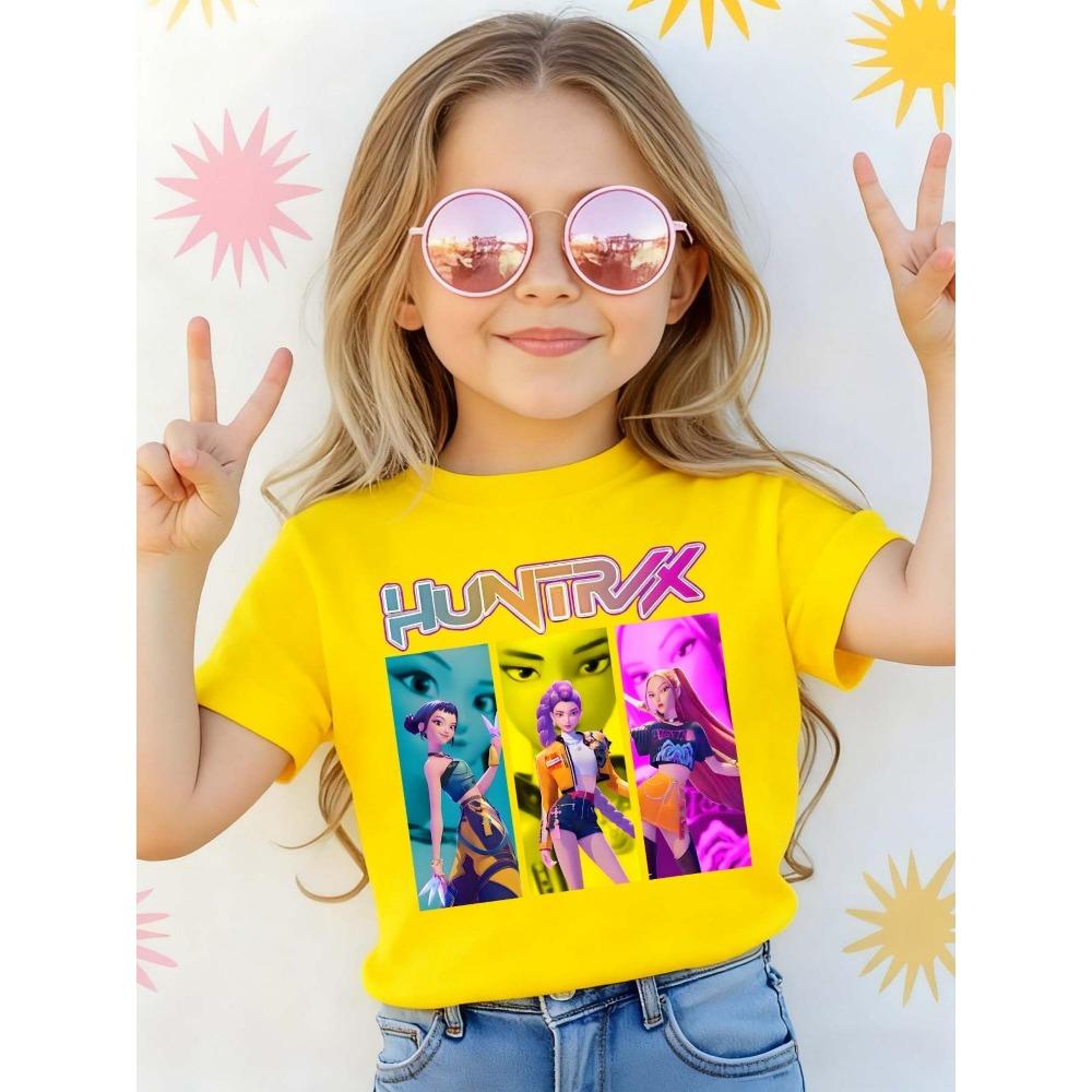 Kpop Girl Group Cool Girl Portrait Pattern Print 1-Piece Casual Sports Short-Sleeve Comfortable T-Shirt Featuring Three Girls