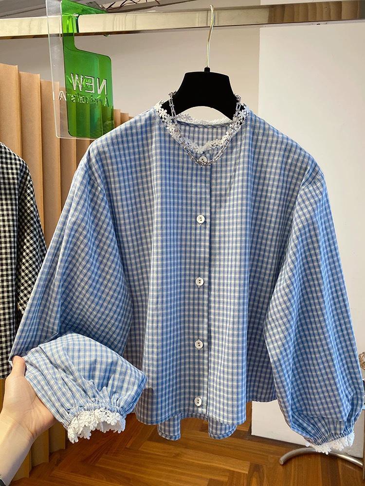 Women's Long Sleeve Korean Plaid Shirt with Lace Ruffles - Black & White, Spring 2026