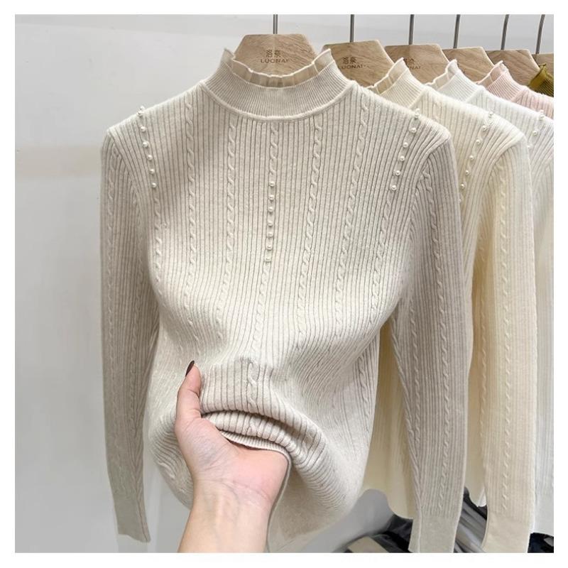 Autumn and winter new semi-turtleneck knitted bottoming shirt top women's twist pearl fashion slim and thin inner sweater