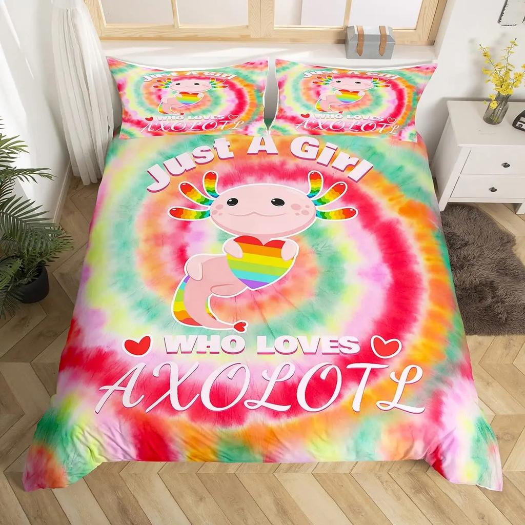 Axolotl Bettbezug Set Rosa Molch Wildtier Bettdeckenbezug mit Kissenbezügen Cartoon Oktopus Tier Kawaii Stil Einzelbett-Bettbezug