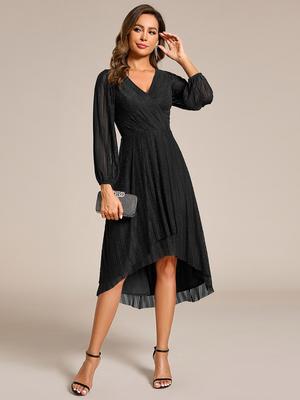 Ever-Pretty Women's Elegant Midi Length Long Sleeves V-Neck Shimmer Fabric Wedding Guest Dresses