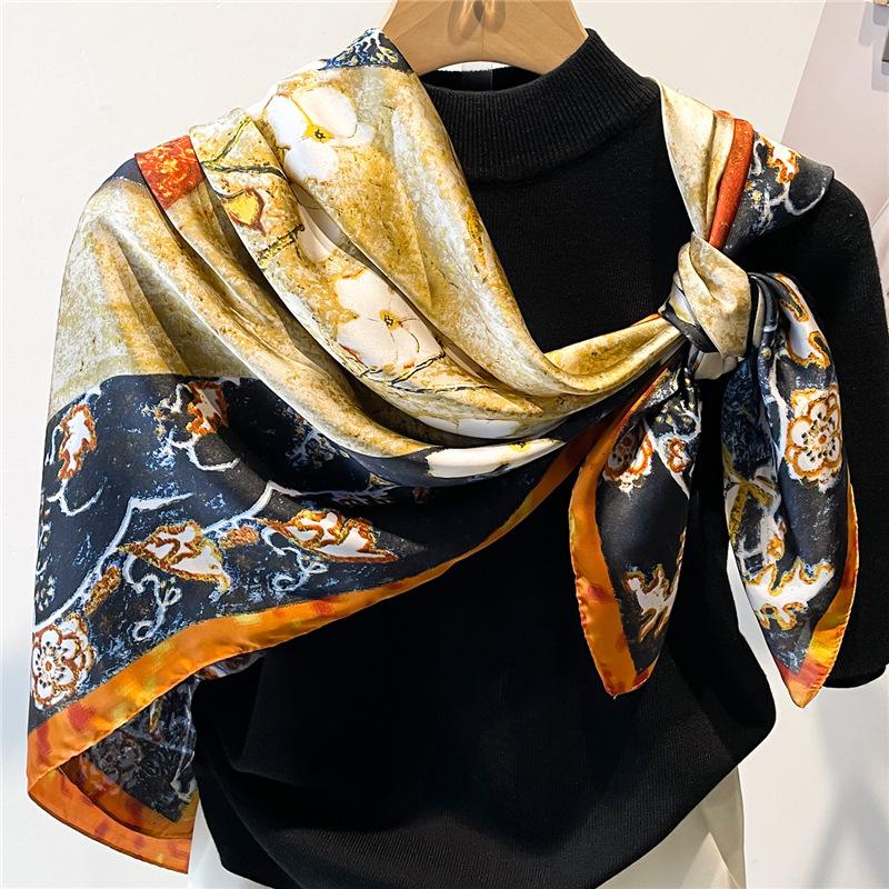 Stylish and Simple Printing 111cm Beautiful Brocade Scarf Shawl Sunscreen Headscarf Square Scarf Summer Silk Scarf Large Size Temperament