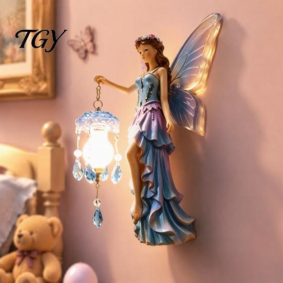 Romantic Bedroom Night Light Fairy Wall Light, Resin Elf Sculpture Lantern for Bedroom, 3D Elegant Entrance Hall Lighting Hanging Art Decor with Faux