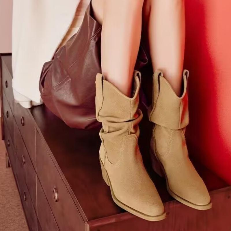 

Fashion 2024 New Motorcycle Women s Mid-calf Boots Platform Mid-heel Goth Punk Women s Spring/Fall Comfort Black Retro Pleated Mid-heels 35 хаки